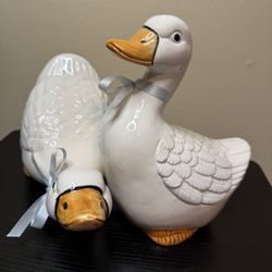 Two Vintage Goose Duck Ceramic Figurines with Blue Bows