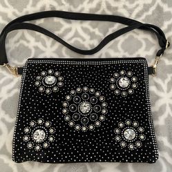Beautiful Silver Studded Black Handbag With Rhinestones