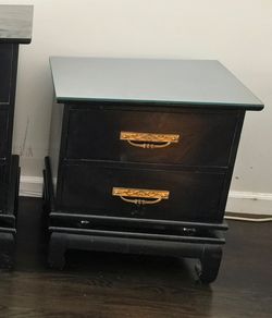 Vintage Asian-Inspired Black Lacquer Nightstand with Glass Top (circa 1970s)