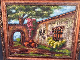 Vintage Signed Textured Oil Painting Rustic Mediterranean / Mexican Style Scene Impasto Technique