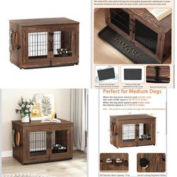 Wooden Dog Crate Furniture with 360°Rotatable Removable Dog Bowls, Dog Crate End Table with Tray, Double Doors Dog Kennels for Dogs(M:31.8" L*22.1" W*