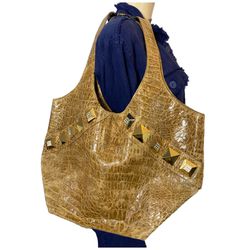 Charm and Luck Genuine Leather Large Hobo Bag Croc Embossed Tan Gold Rhinestone
