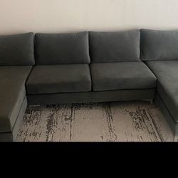 Modern Large Velvet Fabric U-Shape Sectional Sofa, Double Extra Wide Chaise Lounge Couch, Grey