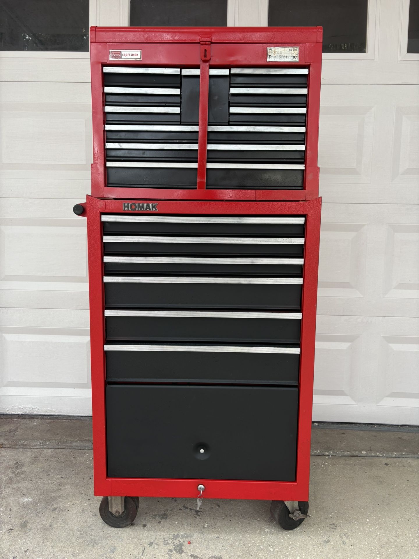 Craftsman /Homak 16 Drawer Toolbox Set-Fully Restored Like New, Locks/Keys, Handle, 6” Swv Whls
