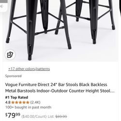 Vogue Furniture Direct 24" Bar Stools Black Backless Metal Barstools Indoor-Outdoor