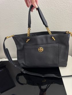 Tory Burch Black Pebbled Leather Tote Shoulder Crossbody Bag Gold Hardware