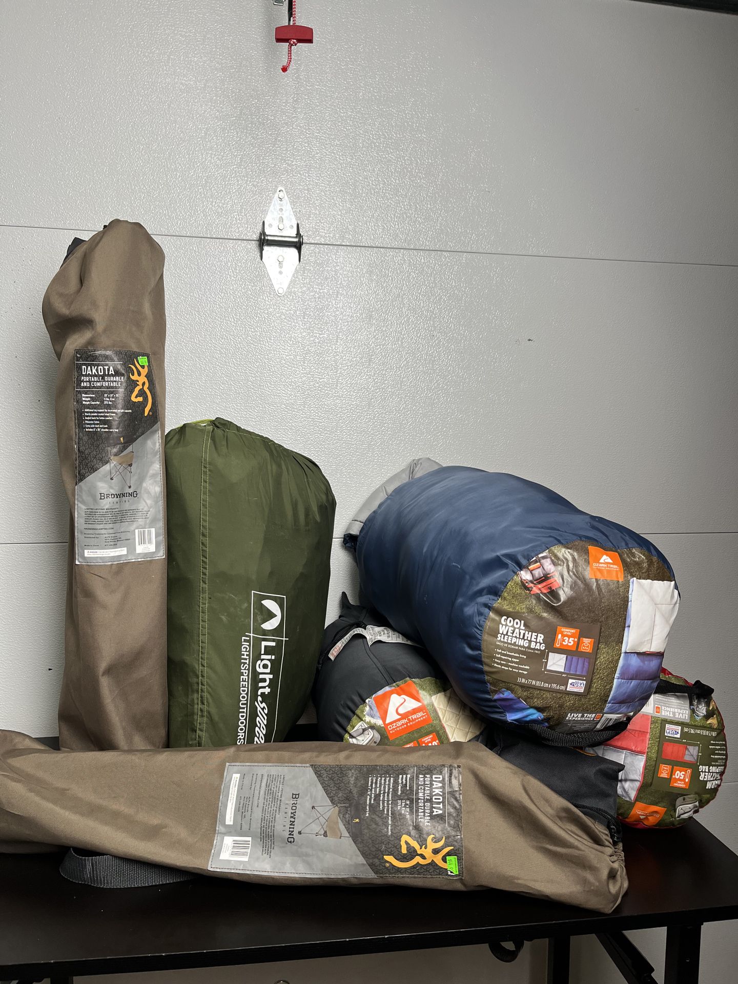 Camping Stuff! Air Mattress : 3 Sleeping Bags : 2 Chairs