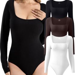 Bodysuits for Women Long Sleeve 3 Pack, Body Suit with Square Neck, Womens Bodysuit Sexy Basic Tops
