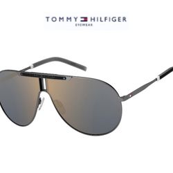 New TOMMY HILFIGER Men Sunglasse TH1801/S Aviator Matte Ruthenium Gray Gold Mirrored