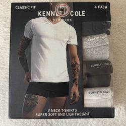 Kenneth Cole men’s 4 pack V Neck T Shirts- navy, grey, black, white