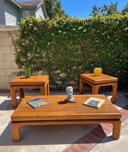 Vintage Lou Hodges style Solid Oak chunky low profile coffee table end-tables c.1970’s