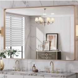 4601: New 48”X32” Gold Bathroom Mirror, Rounded Rectangle Gold Frame Mirror, Brushed Gold Bathroom Vanity Mirror Wall-Mounted, Anti-Rust, Tempered Gla