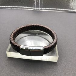Stainless Steel Brown Leather Bracelet 