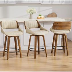 Bar Stools Set of 3, 26" Swivel Counter Height Barstools with Walnut Bentwood Back and Legs, Mid-Century Modern Faux Leather Upholstered Cream Bar Cha
