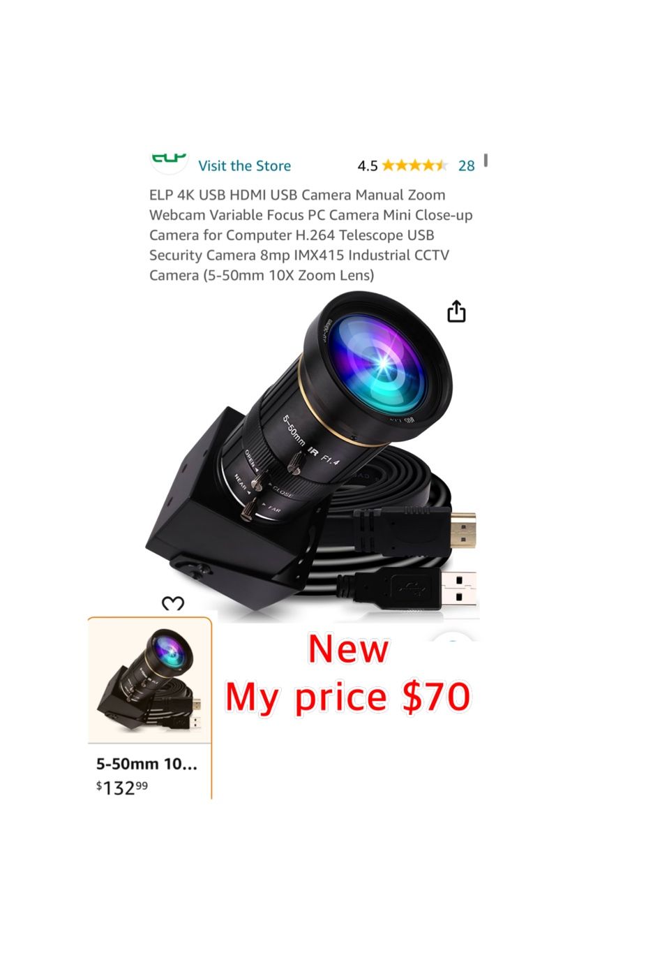 New ELP 4K USB HDMI USB Camera Manual Zoom Webcam Variable Focus