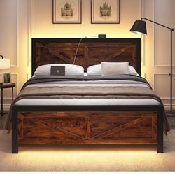 New in box Led Bed Frame Queen Size with USB Charging Station, Industrial Platform Bed Frame with Farmhouse Barn Door Headboard, Strong Metal Slats Su