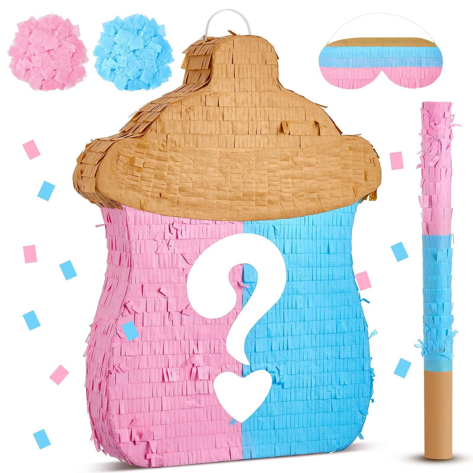Silipull 18.5 Inch Baby Bottle Shape Gender Reveal Piñata With Piñata Stick Blindfold And Pink Blue Confetti Gender Reveal Decorations For Baby Shower