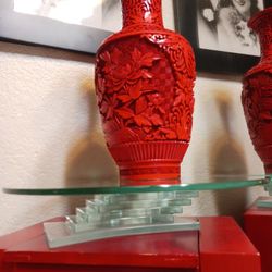 Vintage Chinese Cinnabar Carved  Mirror ImageFloral Design Vase With Copper Interior 