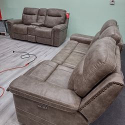 New Recliner Sofa And Loveseat With Power Refiners And Power Headrest In Faux Suede