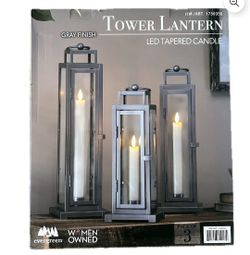 Evergreen Tower Lantern Set with LED Tapered Candles