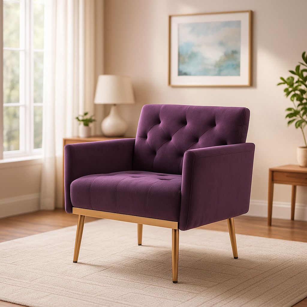 26” W Purple/ Orange Velvet Tufted Accent Chair with Rose Golden Feet [NEW] **Assembly Req**