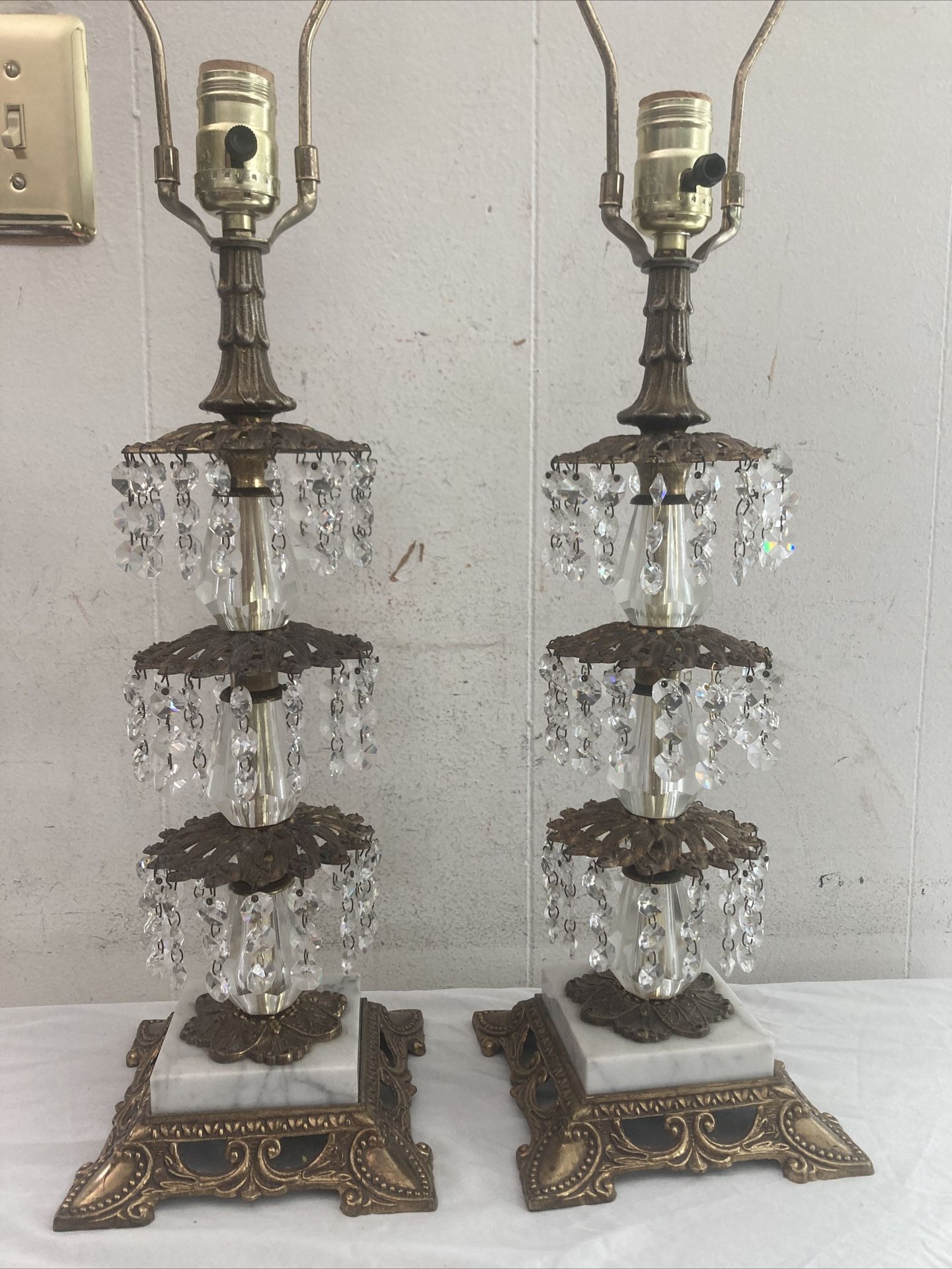 2 Vintage Brass Marble Hanging Crystal Chandelier Table Lamps