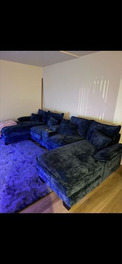Comfortable blue sofa/ marble Dinning table w/ 4 leather chairs / tv stand w/ tv mount & LED light