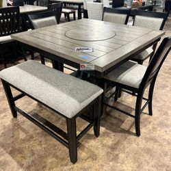 DINING TABLE SET 6 PIECES WITH LAZY SUZAN, COUNTER HEIGHT - [NEW]