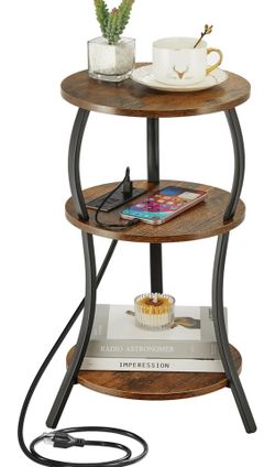 Small Round Side Table with Charging Station, 3-Tier Q(1)