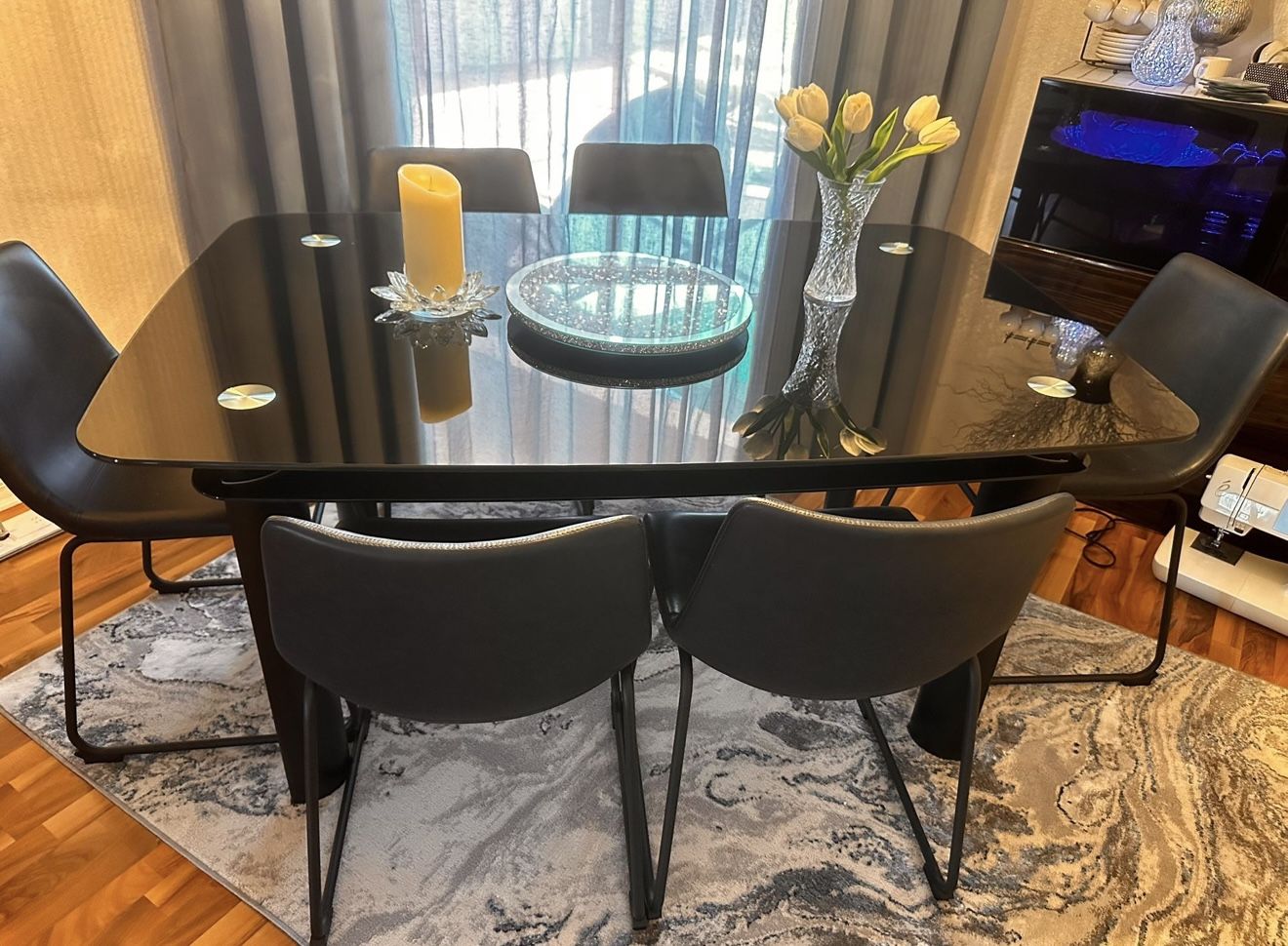 Double Glass Table With  6 Leather  Chairs .