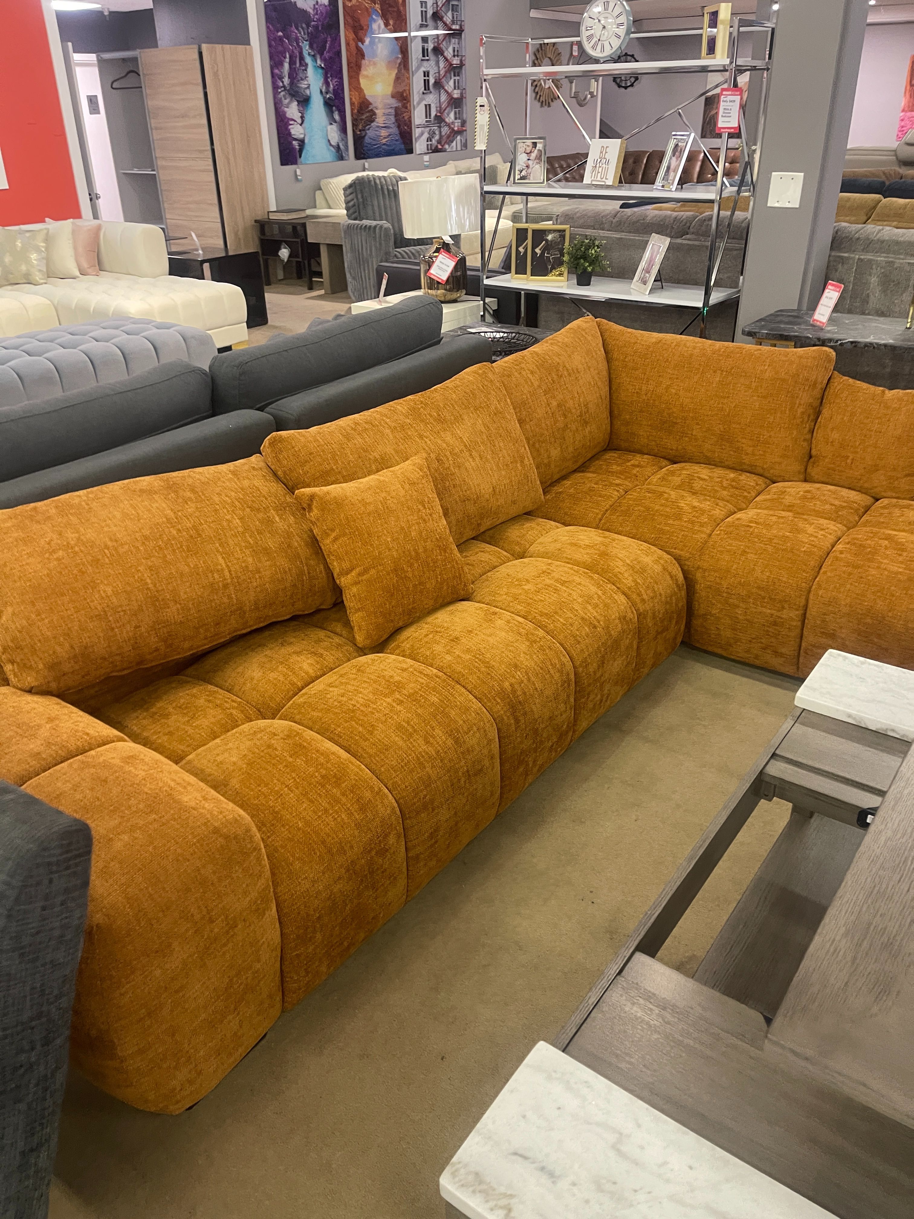 Orange Chaise Sectional Sofa Mid Century Modern Low Profile En Corte Couch Comfy