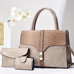 Beige Croc Accent Handbag Set 3pc Tote Crossbody Wallet Faux Leather
