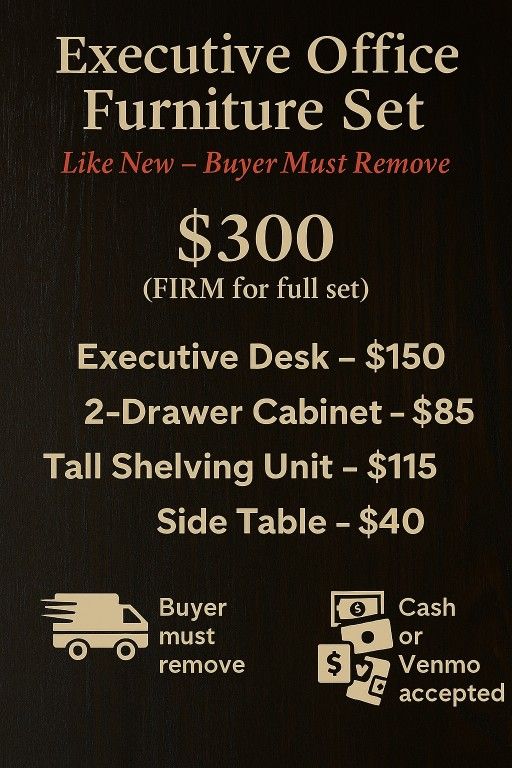 Executive Workspace Set – Like New, Buyer Must Remove

Title: Executive Office Furniture Set – Desk, Cabinet, Shelves (Like New)  
