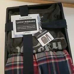 Lucky Brand Mens Sleepwear Gift Set Pajamas Long Sleeve Crew & Joggers Sz. L 