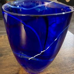 Kosta Boda "Contrast" Blue Art Glass Vase by Anna Ehrner - 8" Cobalt Swirl