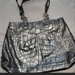 Coach Ashley Metallic Silver Croc-Embossed Leather Carryall Tote