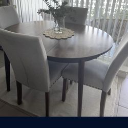 Mid Century Brown Round Dining Table w/ Set of 4 Upholstered Gray Nailhead Chairs