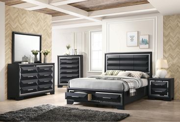 b240 New 4pc Queen Bedroom Set - Black & Chrome with Storage Bed