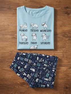 2PC. Weekday Cat Pattern PJ Set; XL