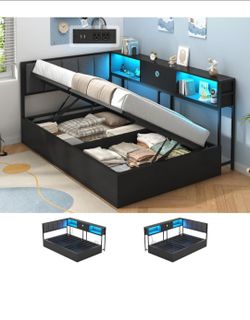 Corner Twin Lift Up Storage Bed Frame with Charging Station & LED Lights | Twin Day Bed with Upholstered Headboard and Bookcase | Corner Beds with Hyd