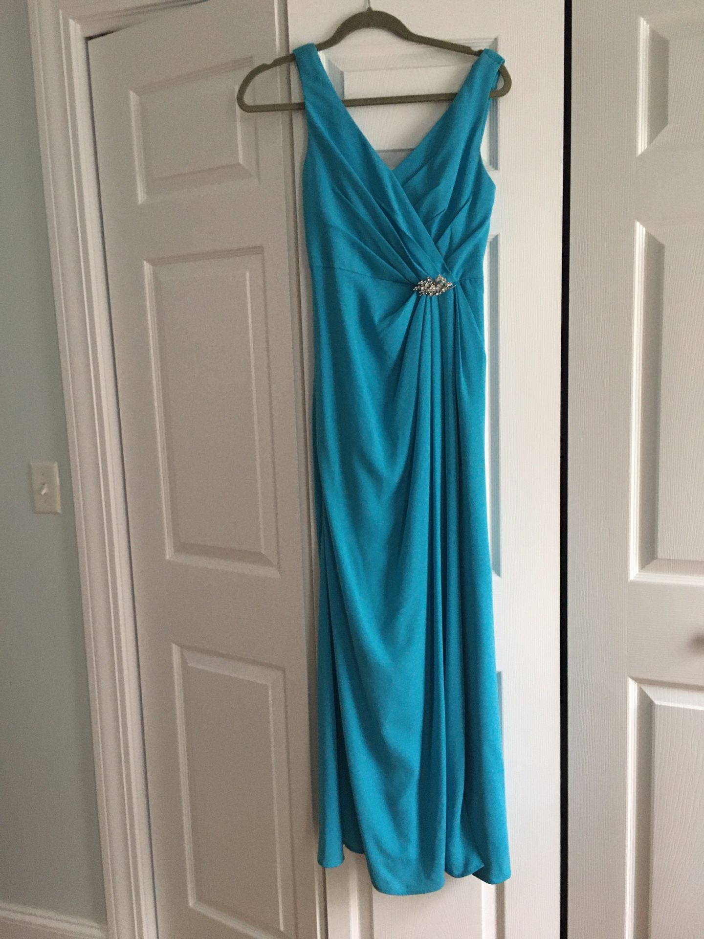 David’s bridal long bridesmaid dress with swooping cowl back detail -Malibu blue