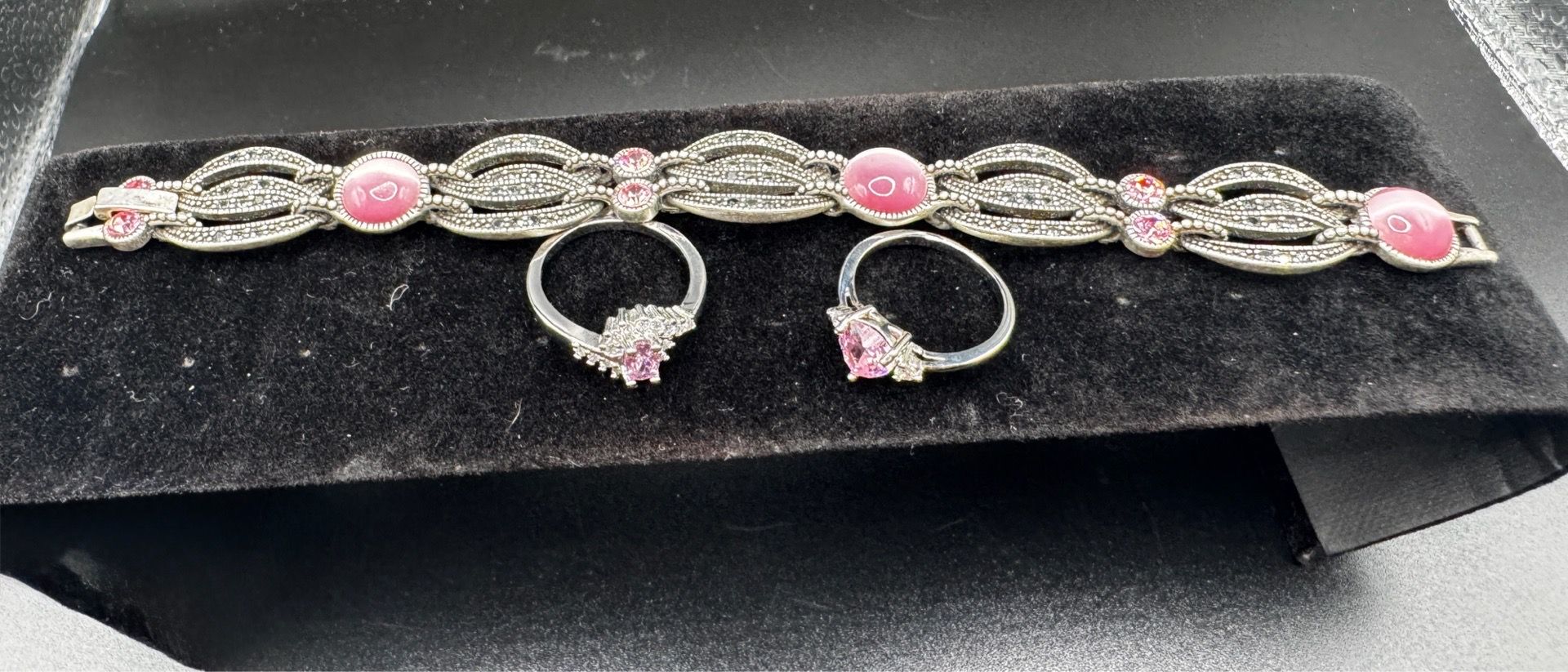 (2) Silver Pink CZ Stone Rings with Silver and Pink Stone Bracelet
