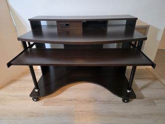 Office Desk Computer Cart Desk on Wheels with Keyboard Tray and 4-USB ports, Dark Brown