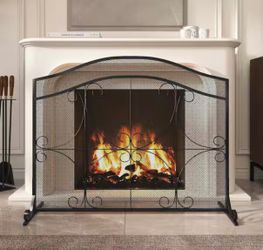 Solid Wrought Iron Frame with Metal Mesh Decorative Scroll Design Free Standing Spark Guard Fireplace 1-Panel Screen,Black