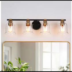 LNC 29 in. 4-Light Black Bathroom Vanity Light with Brass Accents & Glass Shades