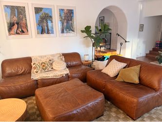 Burleston honey leather couches w/ ottoman