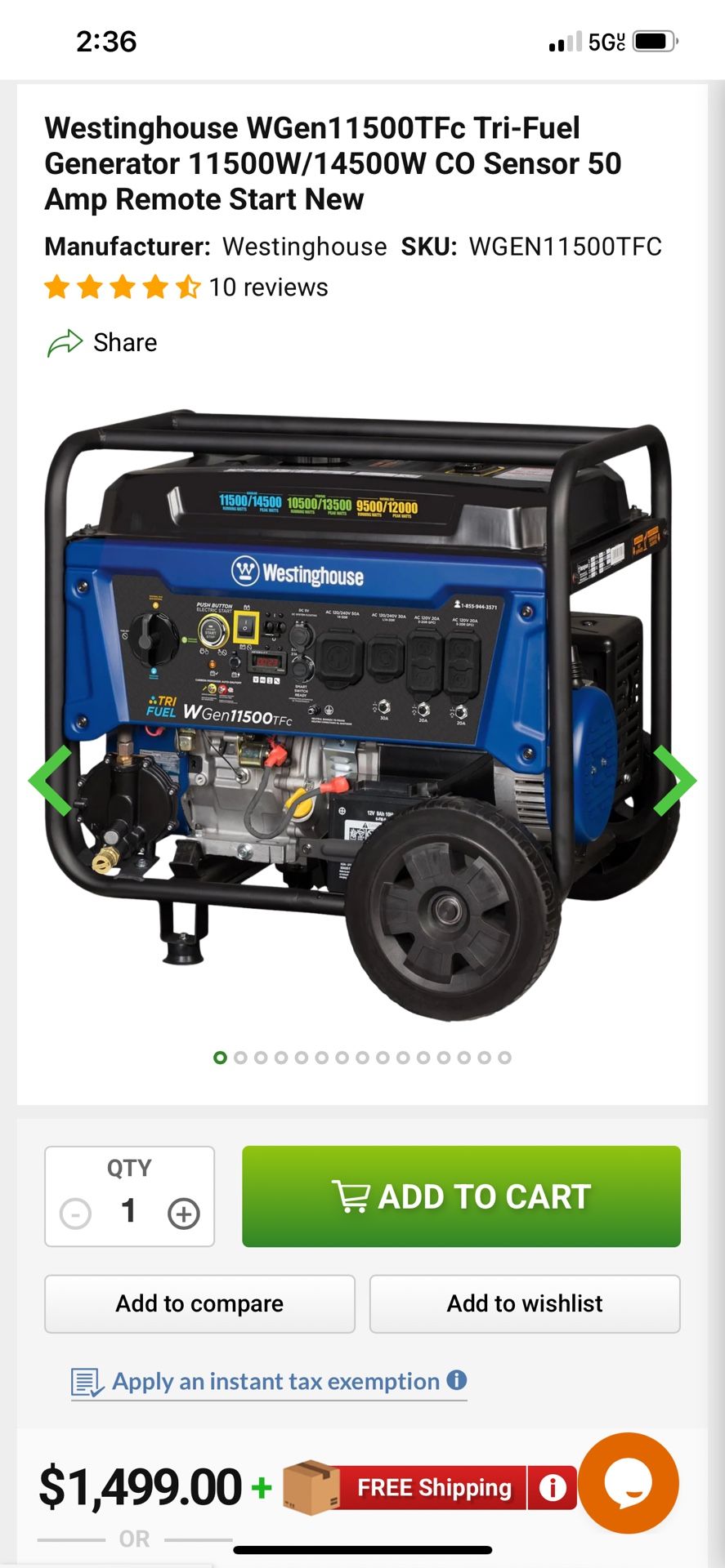 Brand New Unopened Box - Westinghouse WGen11500TFc Tri Fuel Generator