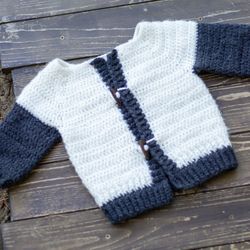 Handmade Crocheted Baby Cardigan / Sweater with Buttons - Dark Grey and White - 6 to 9 months