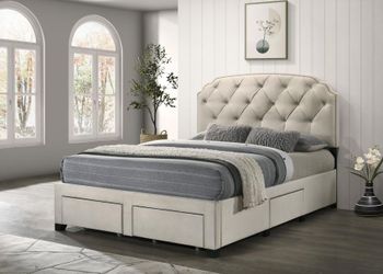Frame Queen w Storage sides and Footboard, Cream fabric, New Especial price