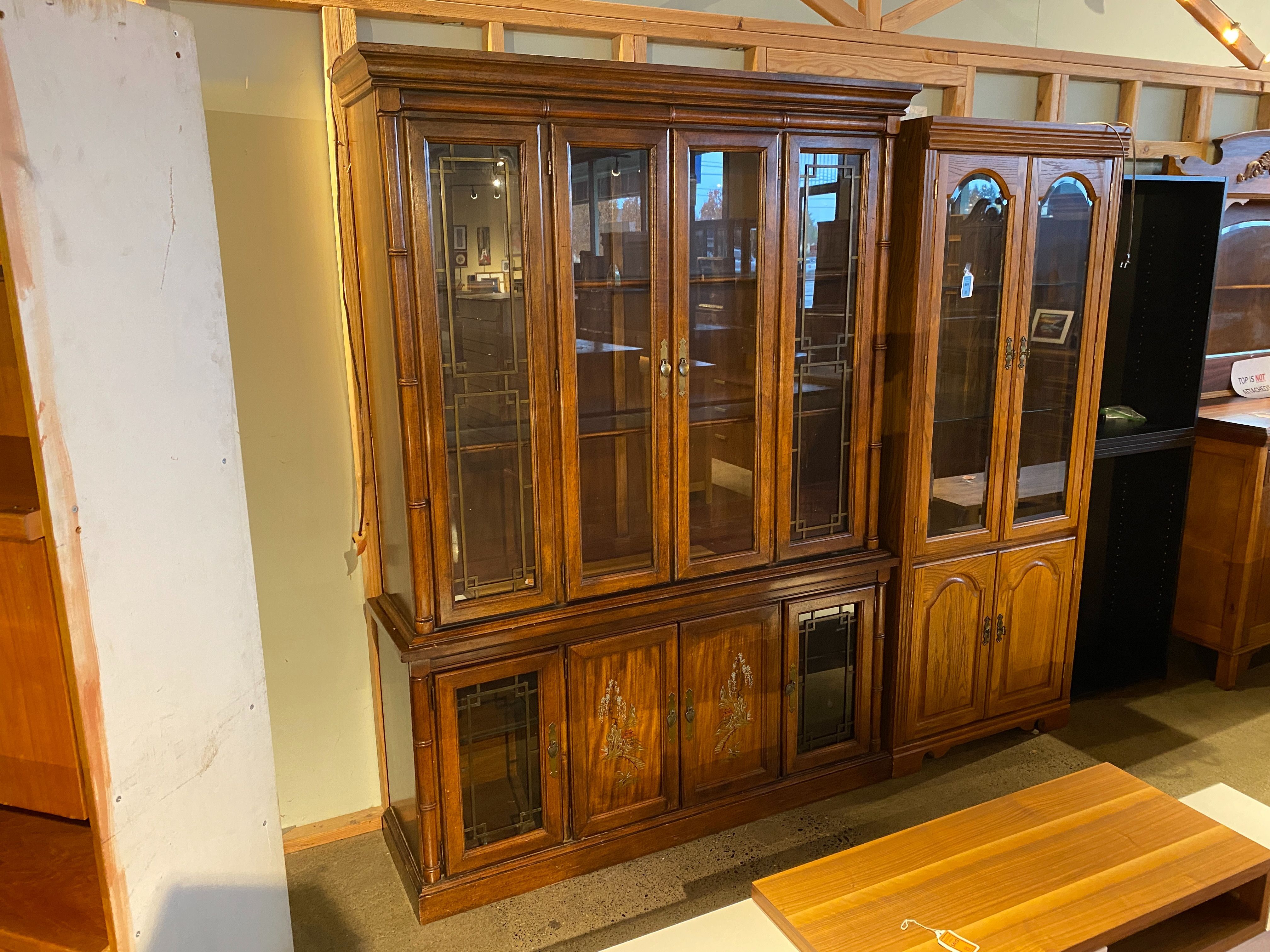 Vintage Oak China Cabinet with Asian Painting Detail